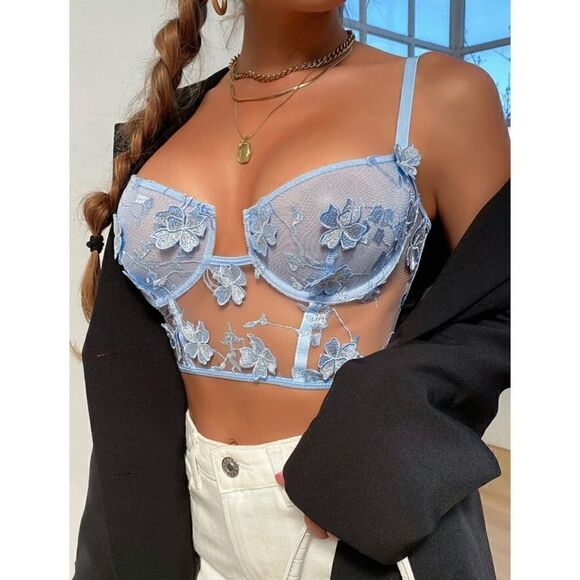 LUXE Romantic Floral Mesh Underwire Crop top - BLUE - Picture 5 of 8